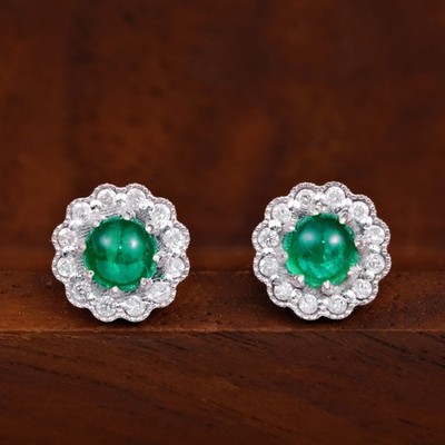 18K Gold Emerald Diamond Stud Earrings  0.56ct Natural Gemstone Elegant Gift