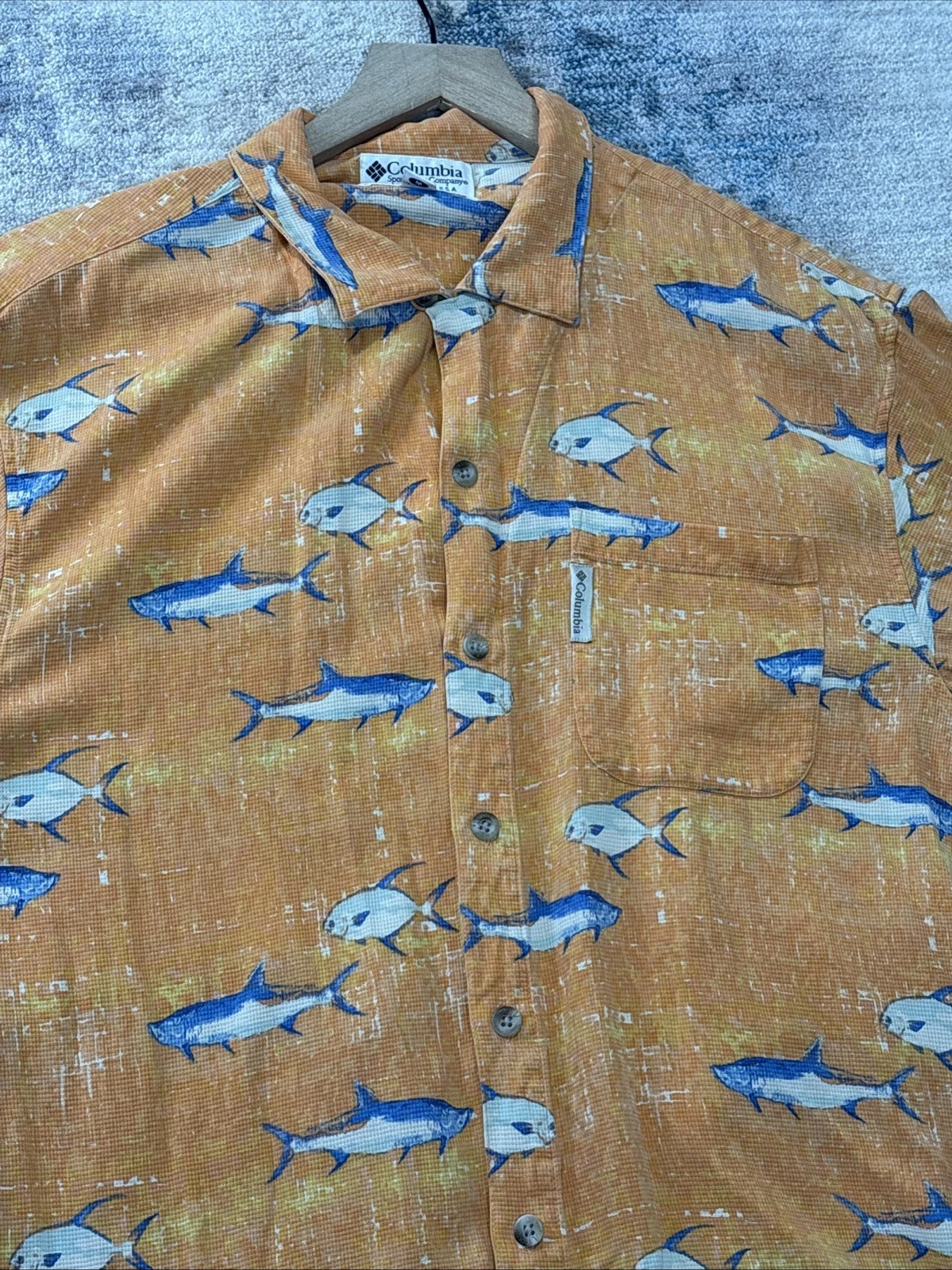 Men’s Silk Nautical Fish Print Button Up Shirt Coastal Beach Orange Medium