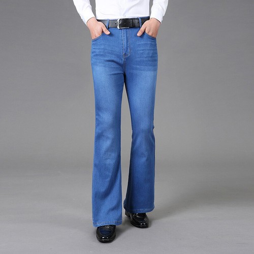 Men Vintage Flared Leg Jeans 60s Bell Bottom Stretch Denim Pants Slim Fit - Picture 10 of 16