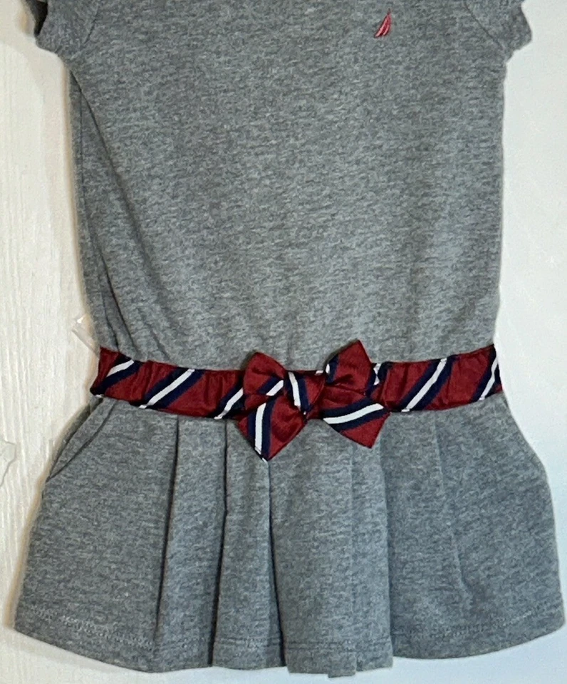 Vestido Nautica Niña Pequeña 3T Manga Corta Gris Terry Francés Rojo Cinta a Rayas Foto 4 de 4