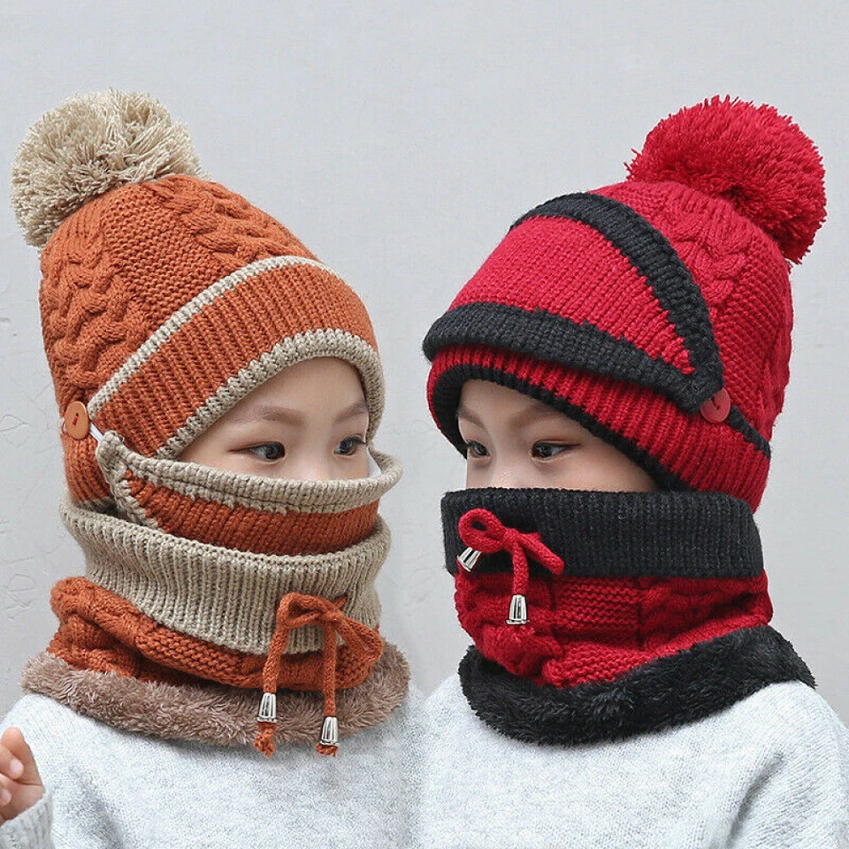 Bebé Niños Invierno Pompón Gorro Sombrero Cuello Calentador Conjunto de 3 Niñas Niños Bufanda Sombrero 2-7 Años Foto 2 de 4