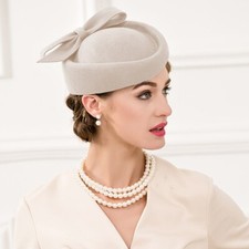 Camel Wool Felt Beret  Fascinator Hats For Women Tea Party Bow Derby Pillbox Hat