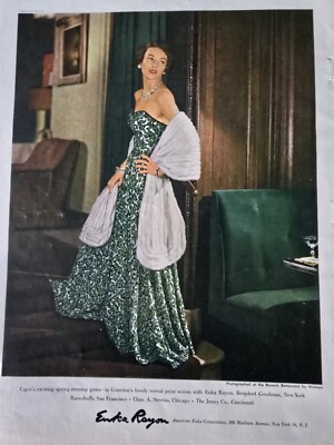 1948 Women's Capri Green Enka Rayon evening gown fur stole vintage fashion ad