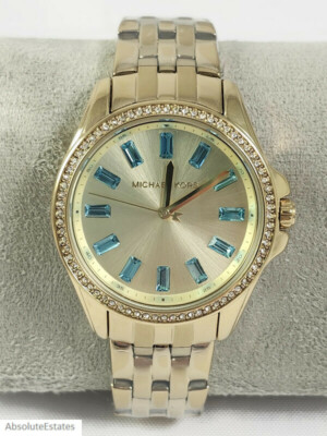 Michael Kors 36mm Pilot Baguette Crystal Glitz Gold Aqua Blue
