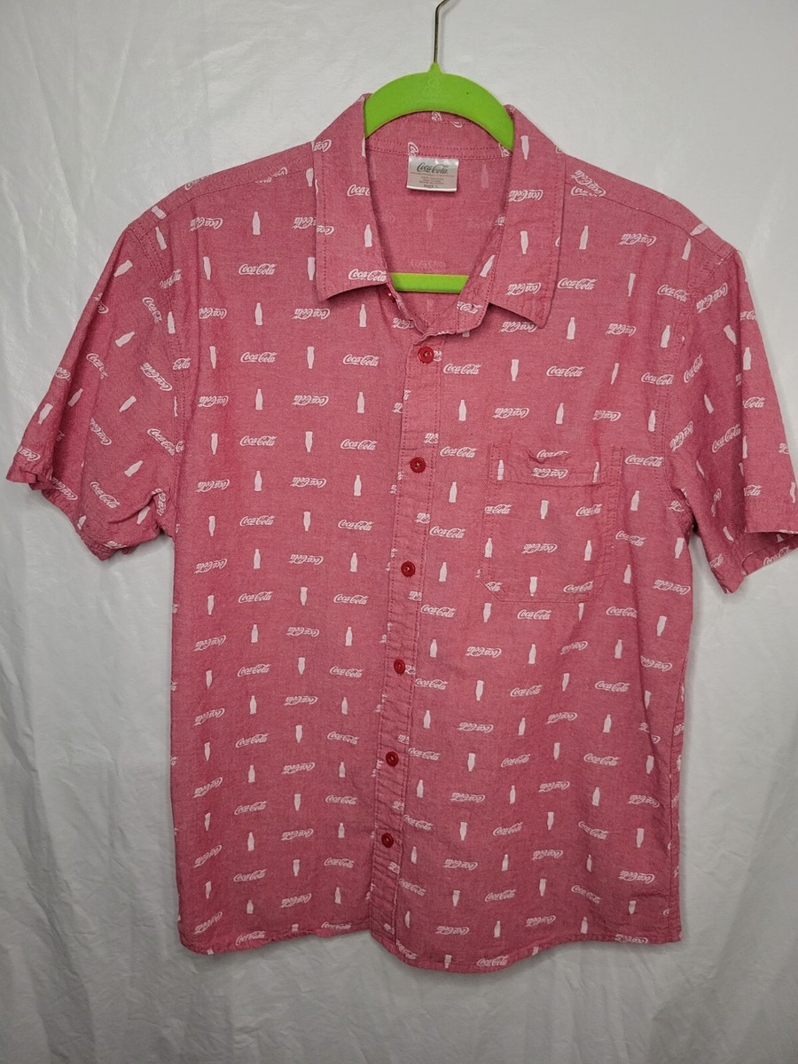 coca cola dress shirt Coca Cola Mens Button Up Down Logo Shirt Size LARGE Red White Short Sleeve  Coke