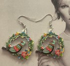 BEAUTIFUL NEW SILVER  BLUE & GREEN RAINBOW CRYSTAL PIGEON BIRD EARRINGS ACRYLIC.