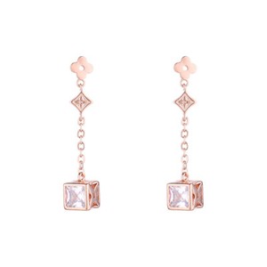 Authentic BRAND ROSE GOLD PLATED FOUR LEAF CUBE TASSEL EARRING WITH 925 SILVER PINS