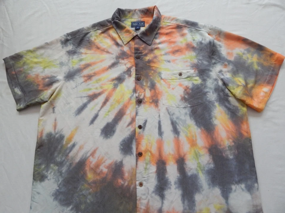 Camisa Tie Dye Naranja Negra Manga Corta Abotonada - 2XL Grande Para Hombre Hecha a Mano 2XB Foto 3 de 4