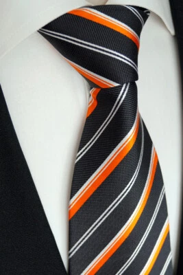 BEYTNUR Handgefertigte Luxus Seiden Krawatte, Schwarzgrau Orange Weiß, K 118.2