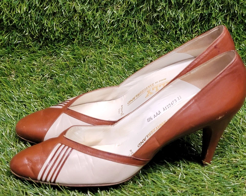 Zapatos de salón de cuero marrón y blanco BALLY Leslie de colección para mujer talla 8,5 AAA hechos en Suiza Foto 4 de 4