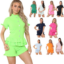 Womens Fine Ribbed Short Ladies Sleeve Frill Button Shorts Set Co ord Loungewear