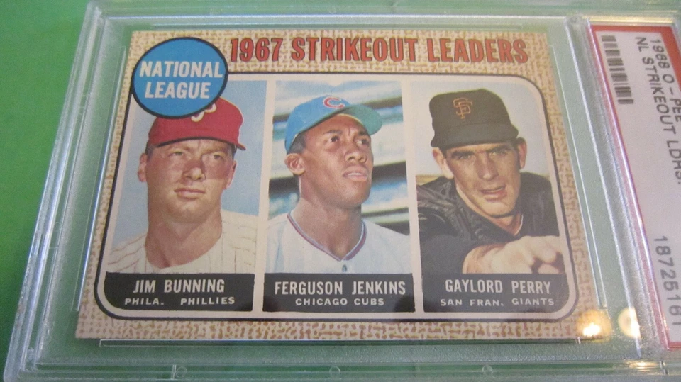 1968 OPC NL Strikeout Leaders Bunning Fergie Jenkins Perry PSA 5 EX #11 - Image 3 of 4