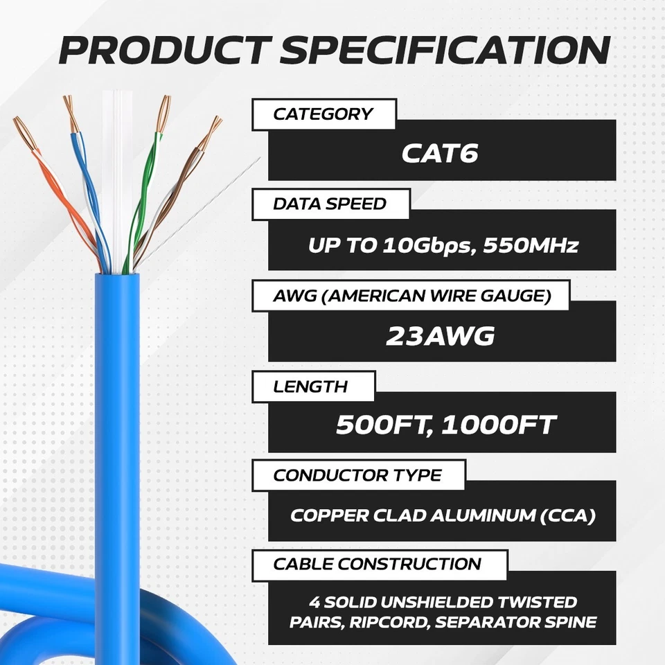 CAT6 1000FT Cable CCA UTP Unshielded Solid 23AWG Ethernet LAN Network RJ45 BLUE - Image 3 of 4