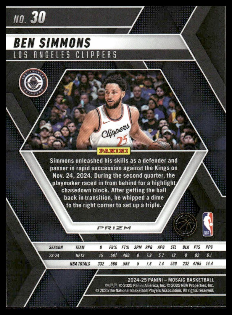 Ben Simmons 2024-25 Panini Mosaic #30 Reactive Blue Mosaic Los