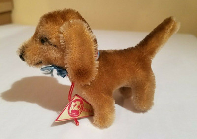Small Vintage Original Zapf Brown Mohair Dog with Tags Made In W. Germany