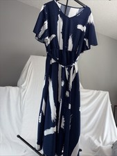 Navy & White Brushstroke Print V-Neck Belted Maxi Dress 3XL Flutter Sleeve Flowy