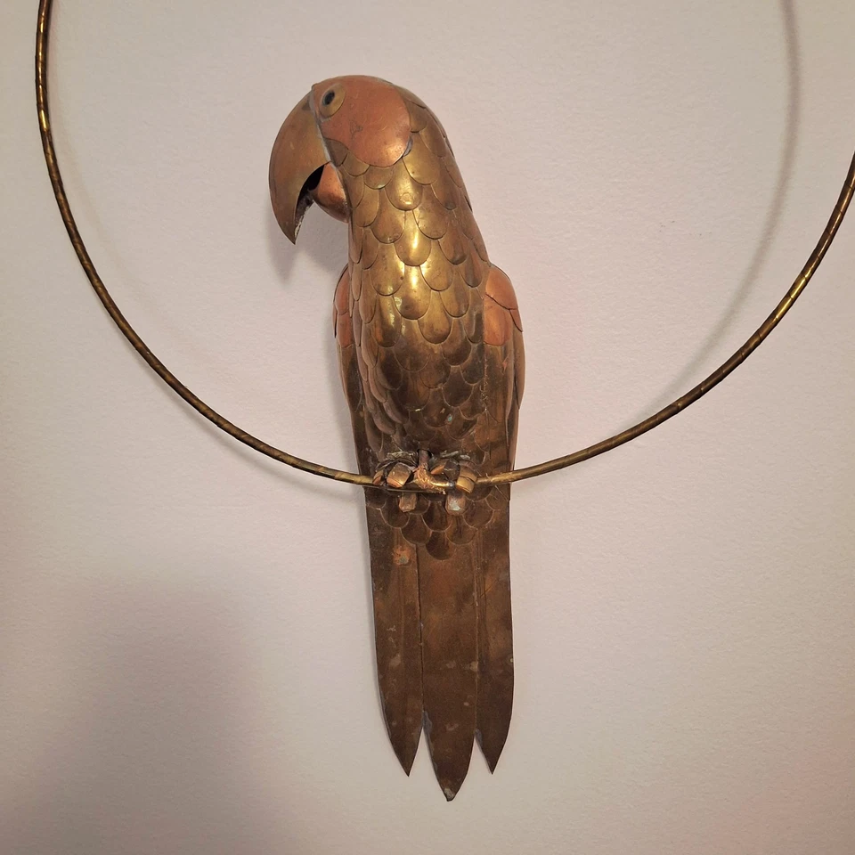 Sergio Bustamante Style Brass & Copper 16" Parrot Swing Hanging Sculpture VTG - Image 2 of 4