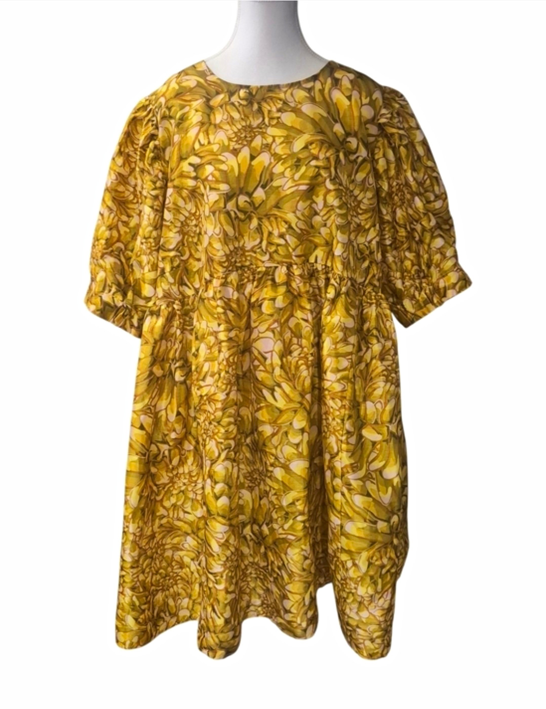 Kika Vargas Women's Yellow Green Floral Babydoll Dress 2X Round Neck Puff
