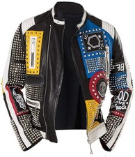 Men s Multi-Color Studded Biker Jacket Genuin...