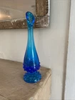 Vintage MCM Fenton Art Glass Blue Hobnail Swung Pedestal Bud Vase 9” mid century