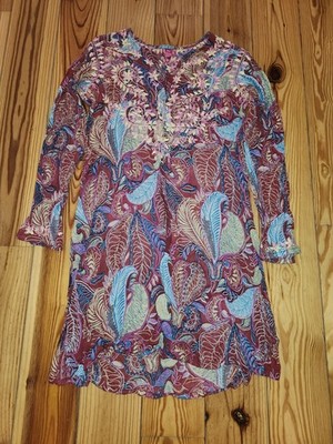 Raj Dress Womens Med. Pink and Blue Floral Boho Sheer Embroidered India