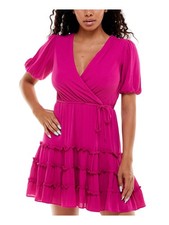 B DARLIN Womens Fit + Flare Dress Pink Belted Short Sleeve Skirt Juniors 0