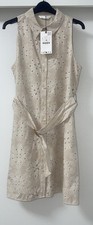 ZARA BEIGE CUTWORK EMBROIDERED SLEEVELESS BELTED COTTON MINI SHIRT DRESS SIZE L
