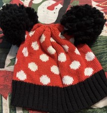 Disney Minnie Mouse Toddler Hat One Size Red White Polka Dot Black Pom Pom Ears