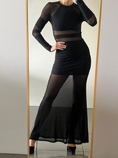 Women’s Black Sheer Mesh Maxi Dress Long Sleeve Cutout Panel Bodycon