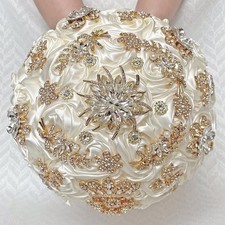 Handmade Satin Rose Floral Bling Pearl Decor Bridal Wedding Bouquet Rhineston...