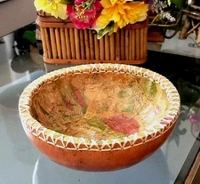 Bowl Gourd Rattan Weave Ridge Paper Mache Art Deco Unique Signed Handcrafted 