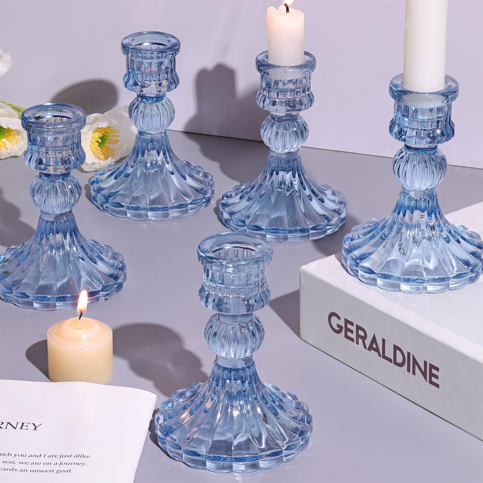 S Set- 4 H Taper Candle Holders Glass Candle H