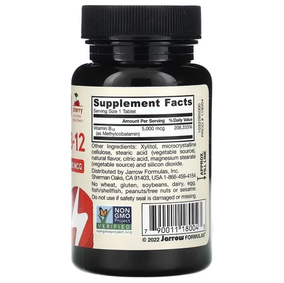 Jarrow Formulas, Vegan Methyl B-12, Max Strength, Cherry, 5,000 mcg, 60 Chew Tab - Image 2 of 3