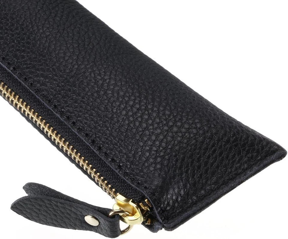 BTSKY Genuine Leather Pencil Case - Zippered Pen 8.27 x 2.36 inches, Black 