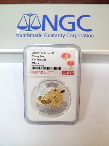 2018 TUVALU MONEY TOAD SILVER GILT w/ 24k gold $1 1oz COIN NGC MS 70 GILDED