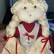 15” Blonde Rag Doll Red Dress White Apron Rose ‘87 Heart pin Petticoat Handmade