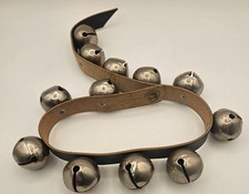 Vtg 12 Silver Toned Jingle Sleigh Bells 28" Black Leather Strap Christmas Decor