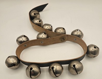 Vtg 12 Silver Toned Jingle Sleigh Bells 28'' Black Leather Strap Christmas Decor
