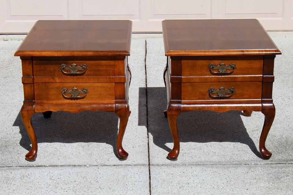 Vintage Mersman Queen Anne Style Solid Cherry End Tables with Drawer - Set of 2 - Image 3 of 4