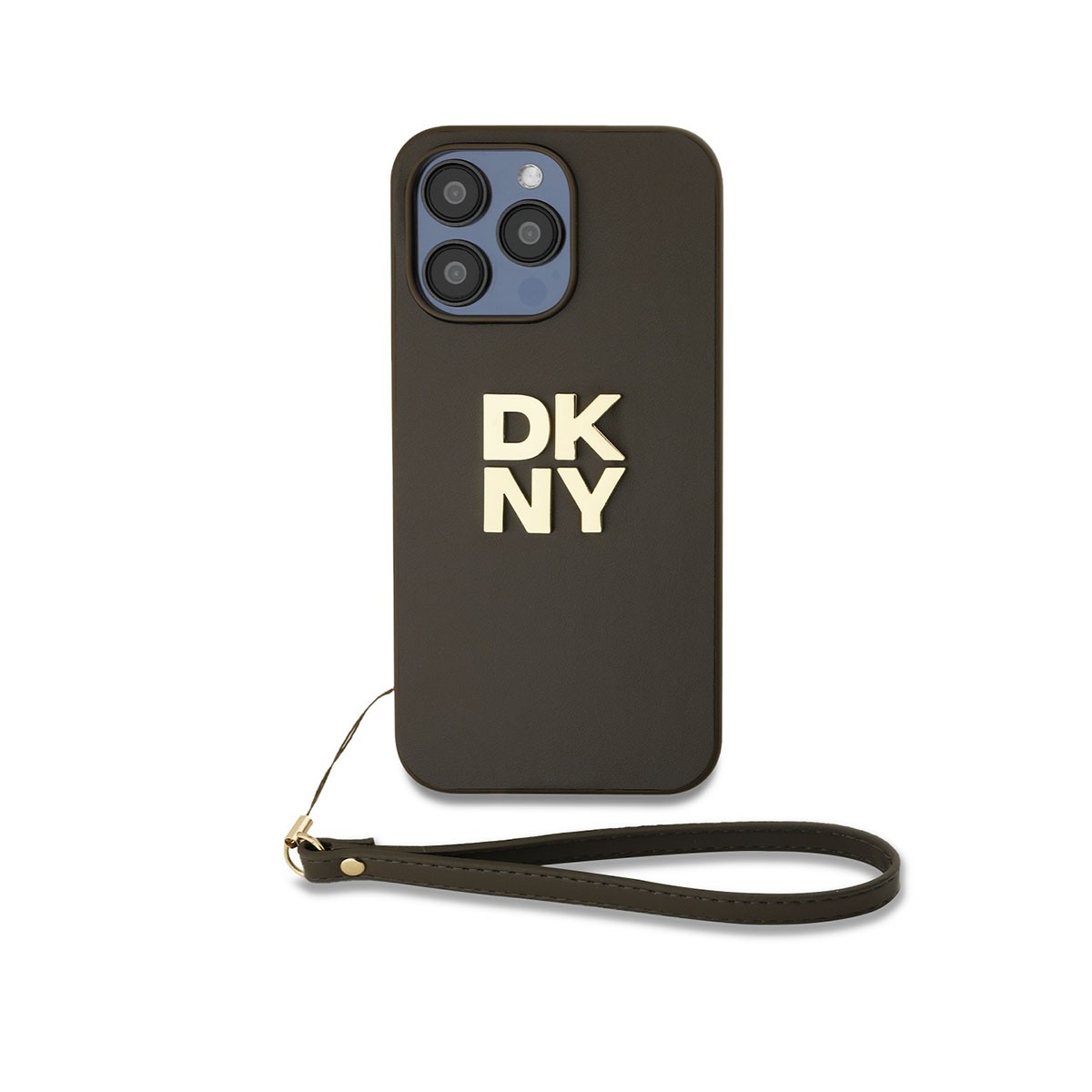 Coque iPhone 14 Pro Max chic en cuir noir avec logo métallique et dragonne
