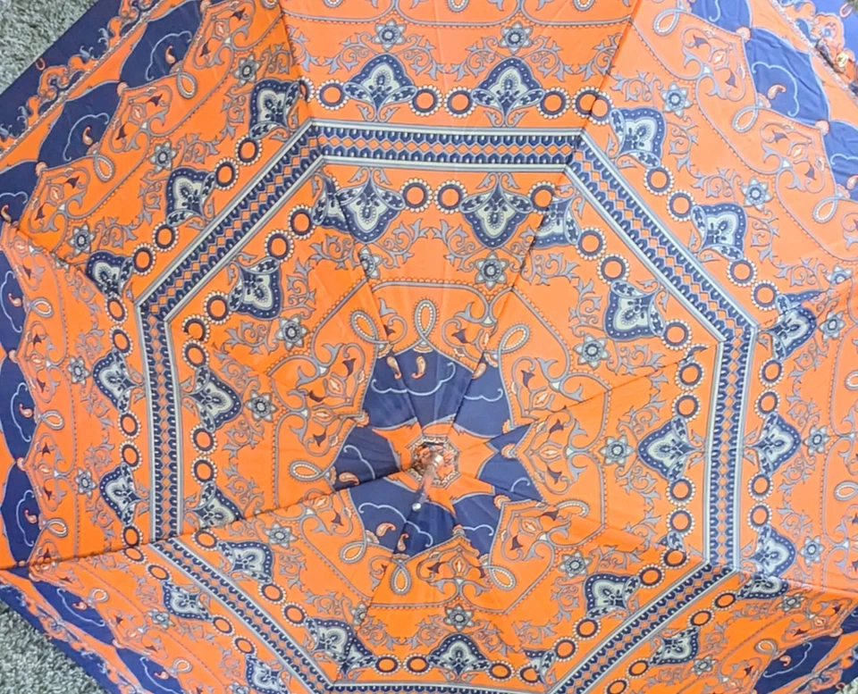 Beautiful Vintage Orange And Blue Umbrella Nylon Made Japan Bakelite Handle USA - Image 3 of 4