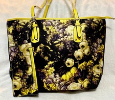Floral Yellow/Black Tote Bag Zip Top Lined In...
