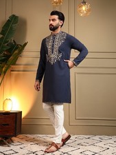Men's Blue Embroidered Kurta Pajama Set - Lachka Silk Ethnic Wear