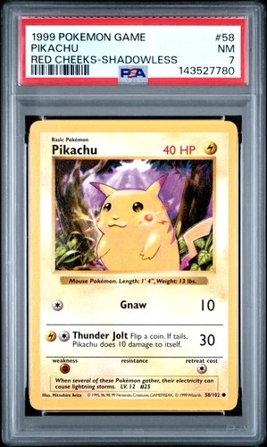 1999 POKEMON BASE SET RED CHEEKS-SHADOWLESS #58 PIKACHU PSA 7
