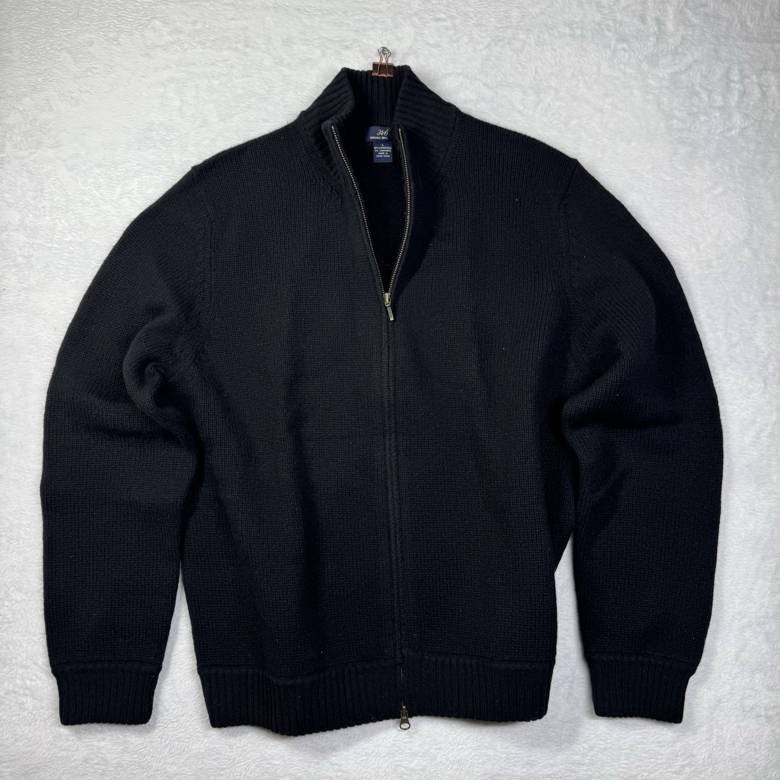 Brooks Brothers 346 Cardigan Sweater Mens Large Black Full Zip Tight Knit Ribbed