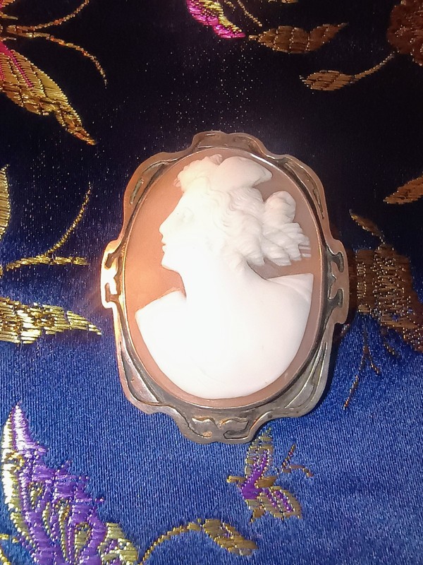 Vintage Cameo Brooch, Oval Lady Portrait, Sterling Frame.