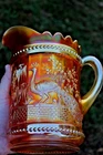 ANTIQUE NORTHWOOD PEACOCK AT THE FOUNTAIN CARNIVAL GLASS PITCHER - MARIGOLD