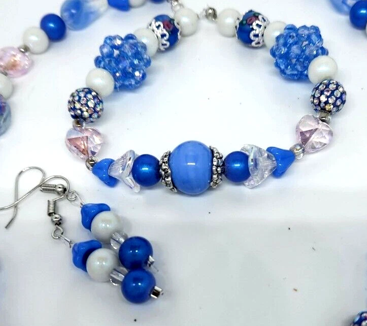 JUEGO DE PULSERAS COLLARES HECHOS A MANO ROSA AZUL cuentas cristal H18 Foto 4 de 4