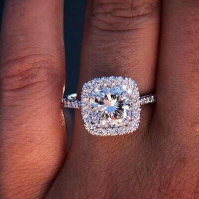 New 2.08Ct White Cushion Cut Moissanite Halo Engagement 925 Sterling Silver Ring