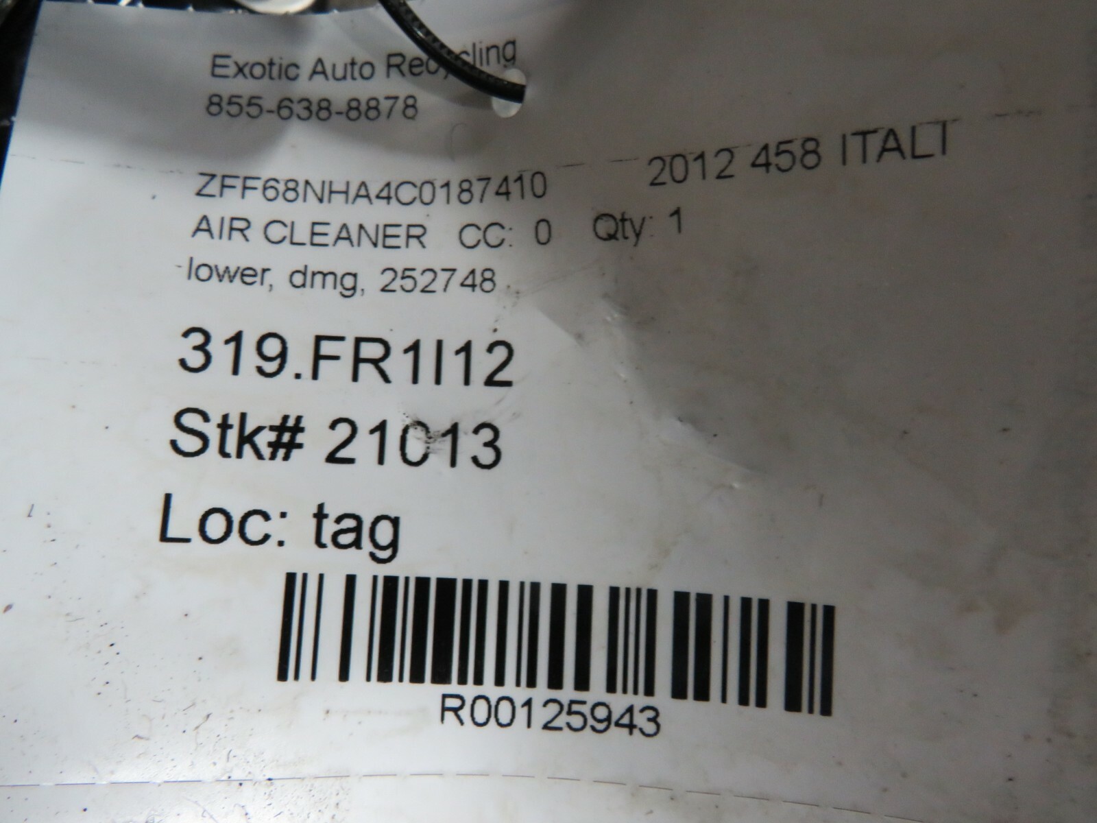 Ferrari 458 Italia, Spider, Lower Air Cleaner Box, Used, Damaged, P/N 252748